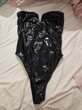 Black Patent Strapless Bustier Bodysuit Jumpsuit